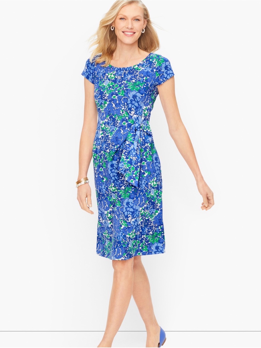 Talbots Everyday Jersey Blue Floral Cap-Sleeve Sheath Dress Side Tie Size XL
